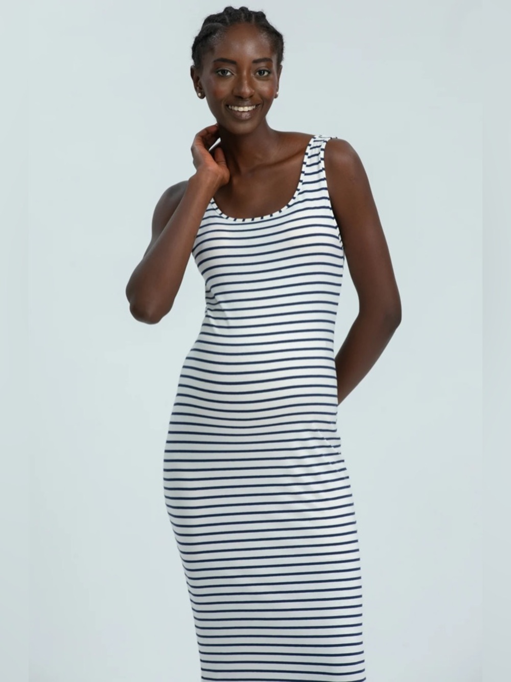 FORMENTERA | Blue Striped Fitted Maternity Tank Dress in Jersey Sz L